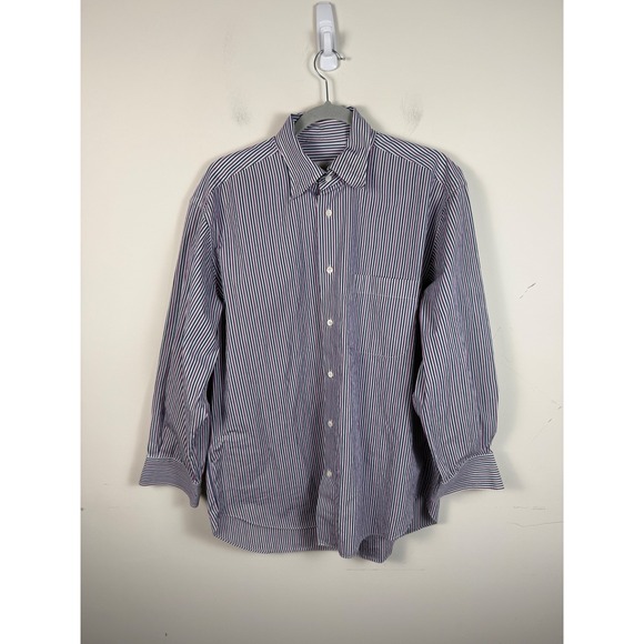 Brioni Other - Brioni‎ Mens Dress Shirt Large Purple Navy Blue Striped Cotton Long Sleeve Italy